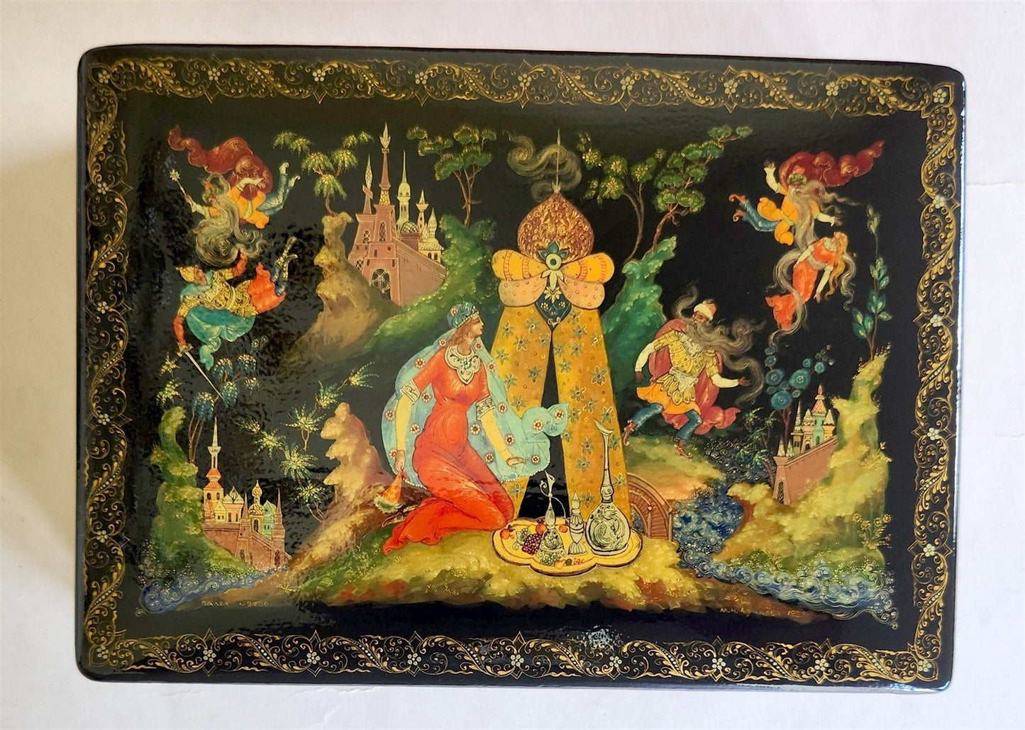 RUSSIAN PALEKH SCHOOL LACQUER BOX RUSLAN AND LUDMILA vintage MUSEUM QUALITY 1985