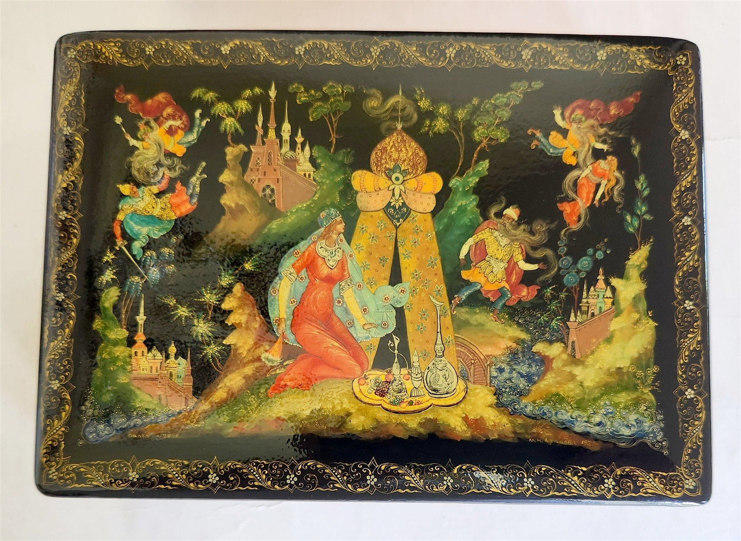 RUSSIAN PALEKH SCHOOL LACQUER BOX RUSLAN AND LUDMILA vintage MUSEUM QUALITY 1985