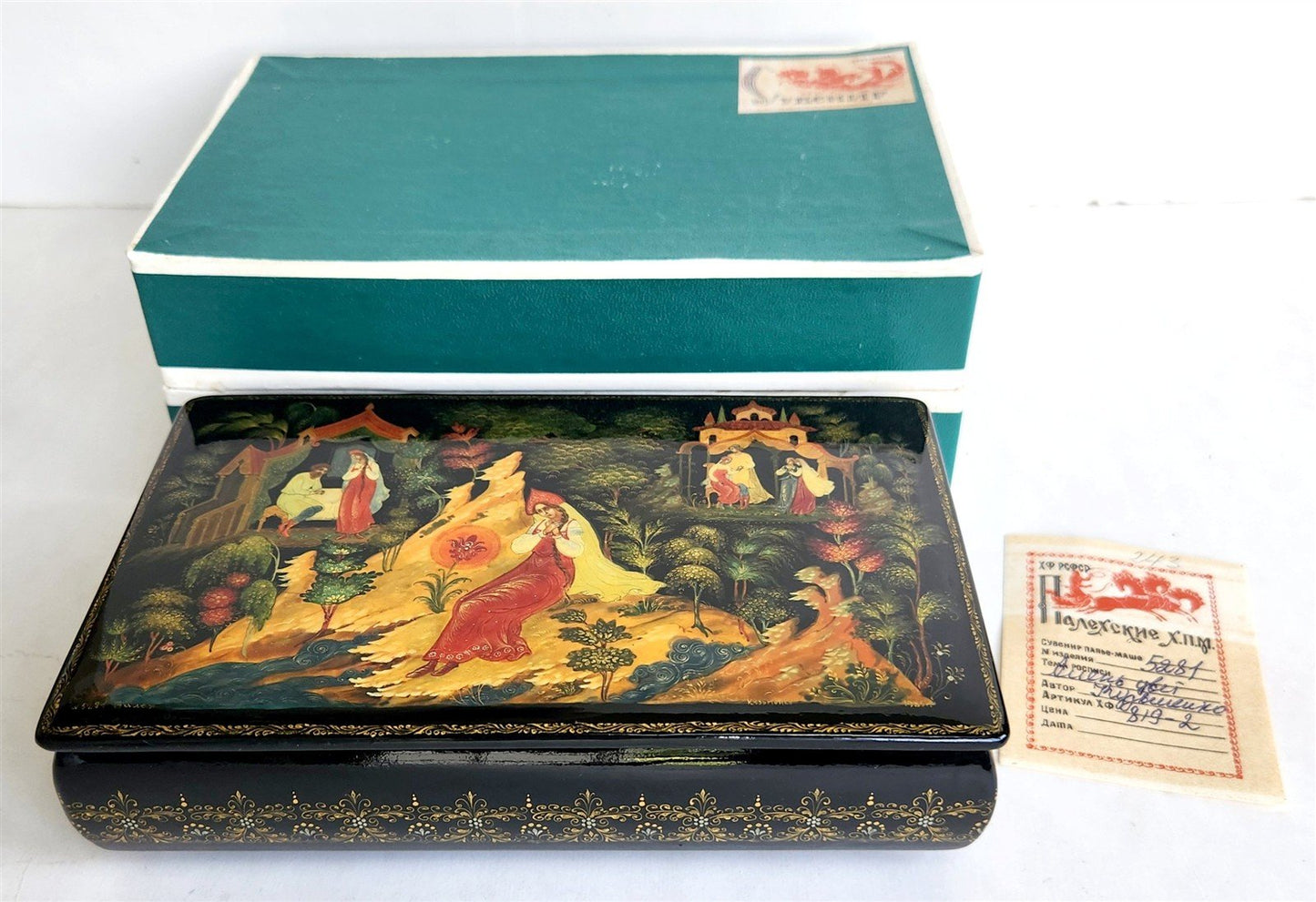 RUSSIAN PALEKH SCHOOL LACQUER BOX SCARLET FLOWER vintage 1985 hand painted