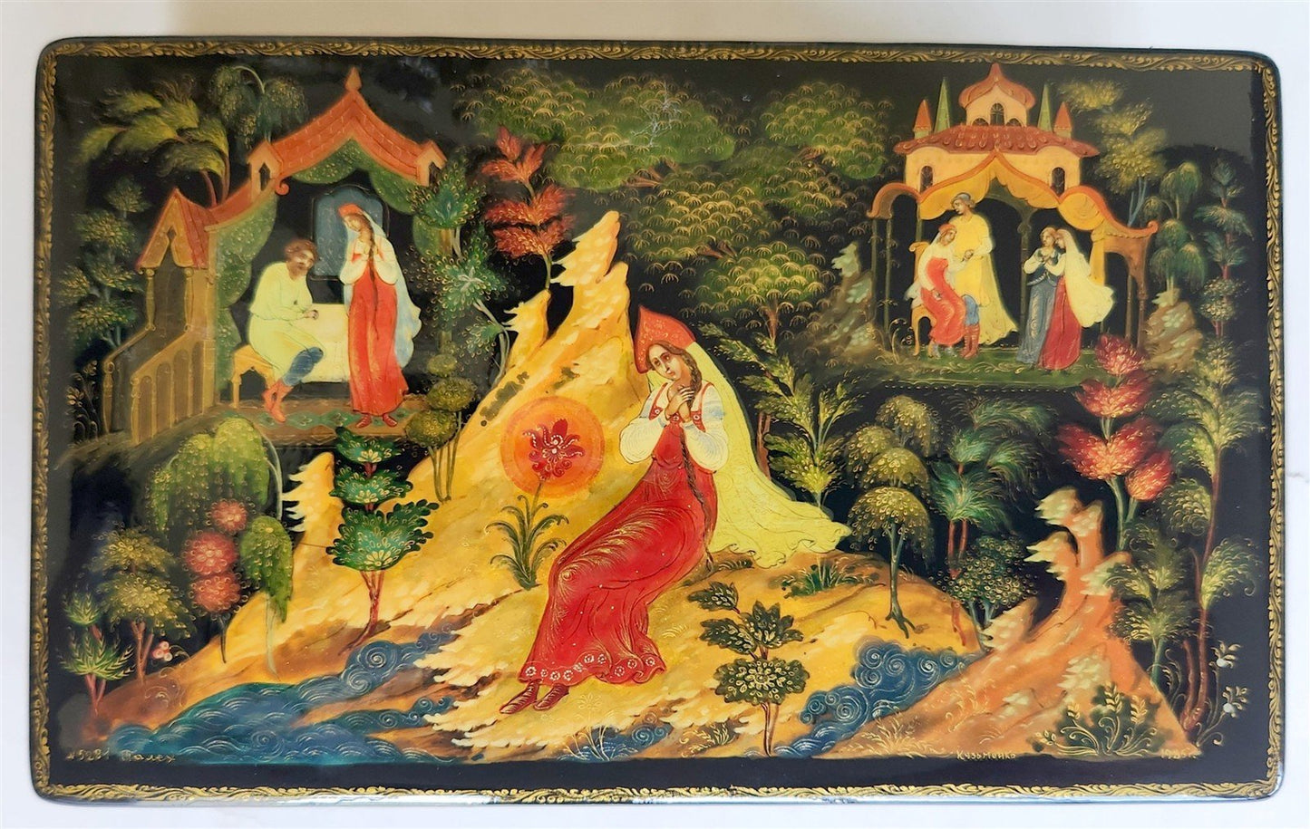 RUSSIAN PALEKH SCHOOL LACQUER BOX SCARLET FLOWER vintage 1985 hand painted