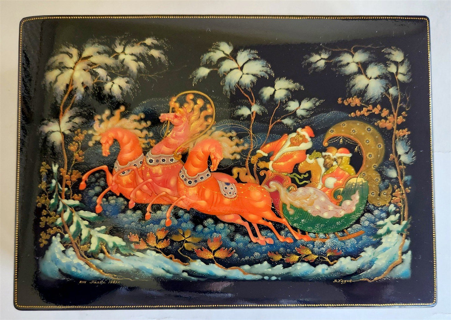 RUSSIAN PALEKH SCHOOL MUSEUM QUALITY LACQUER BOX TROIKA vintage 1985 HANDPAINTED