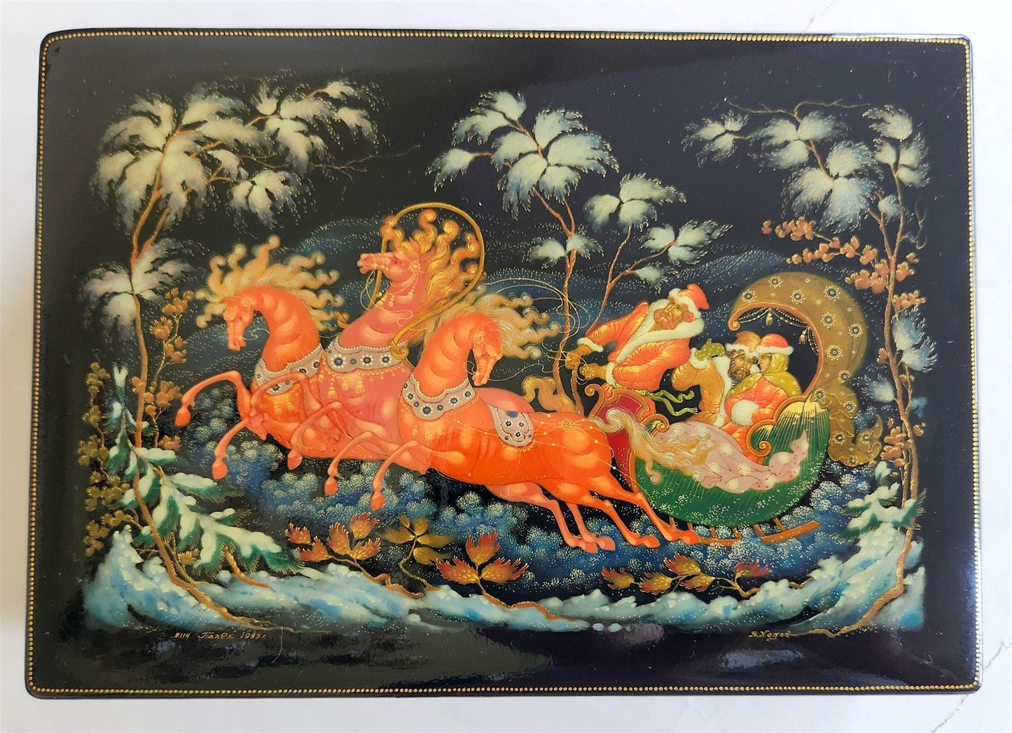 RUSSIAN PALEKH SCHOOL MUSEUM QUALITY LACQUER BOX TROIKA vintage 1985 HANDPAINTED