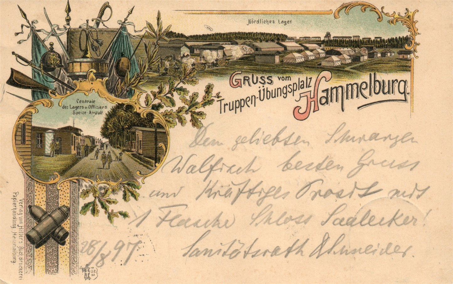 GERMANY GRUSS vom TRUPPEN-UBUNGSPLATZ HAMMELBURG 1897 ANTIQUE POSTCARD