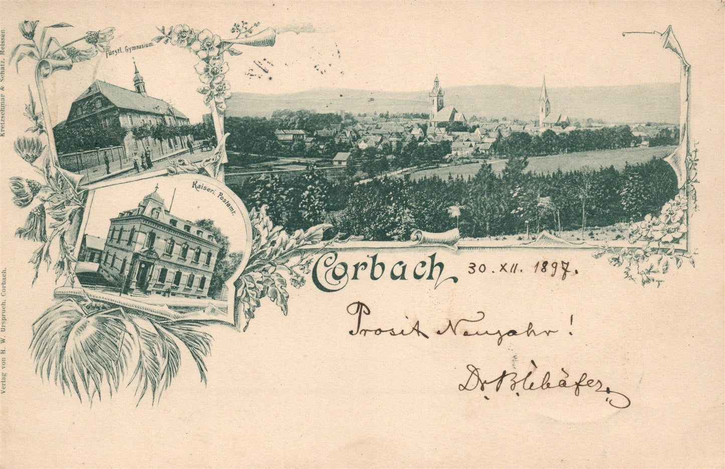 GERMANY GRUSS AUS CORBACH 1897 ANTIQUE POSTCARD
