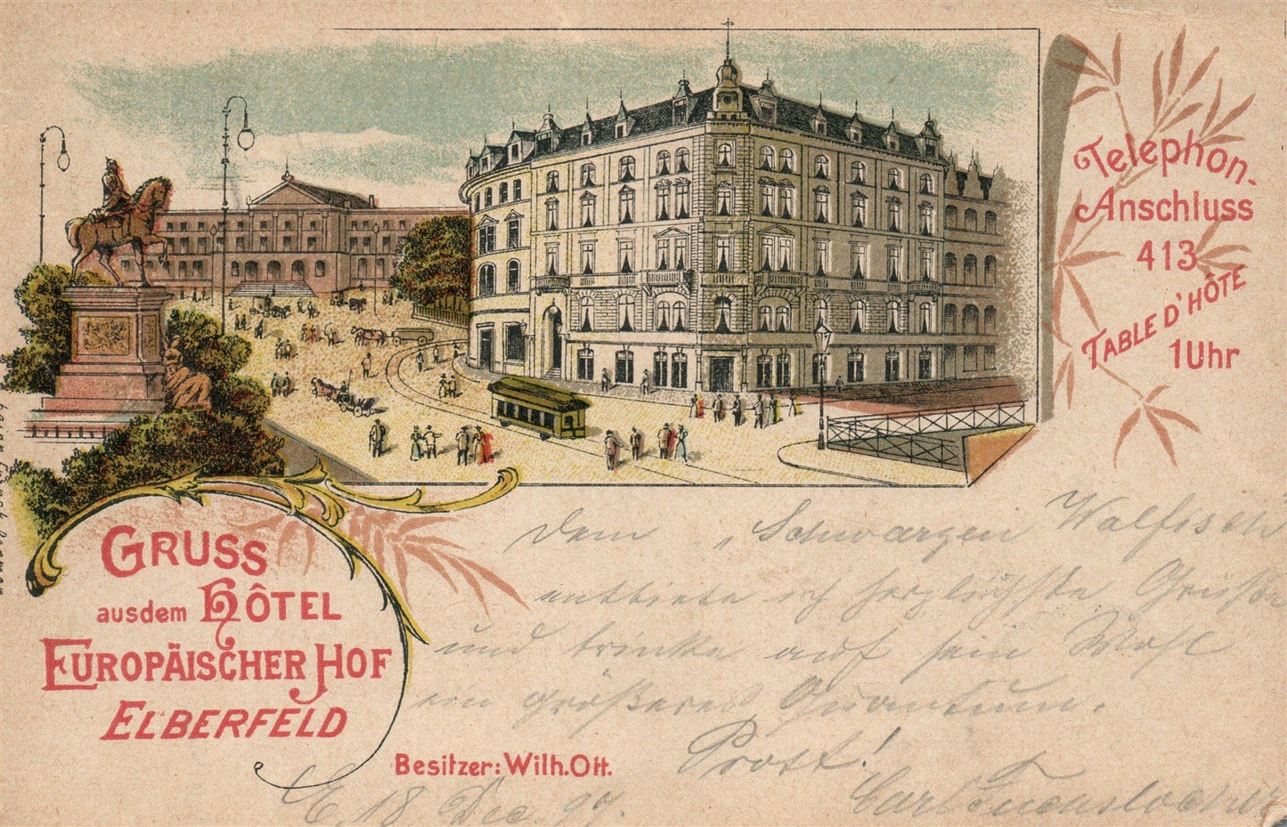 GERMANY GRUSS AUSDEM HOTEL EUROPAISCHER HOF ELBERFELD 1897 ANTIQUE POSTCARD