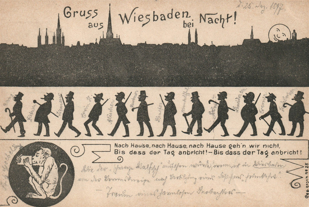 GERMANY GRUSS AUS WIESBADEN BEI NACHT 1897 ANTIQUE POSTCARD