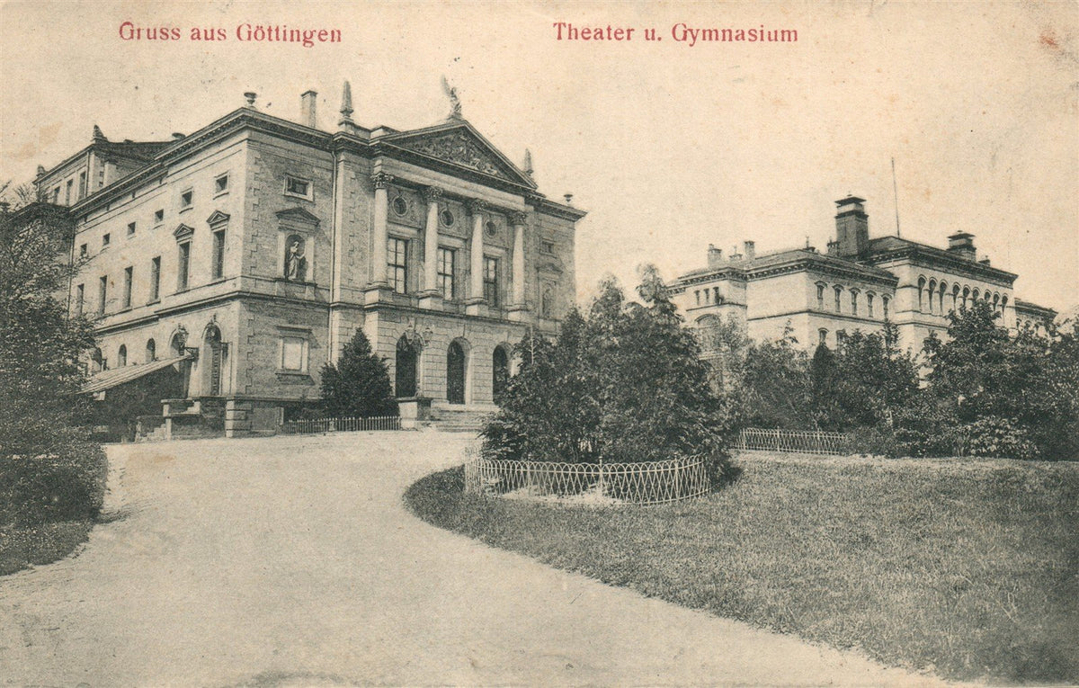 GERMANY GRUSS AUS GOTTINGEN THEATER u. GYMNASIUM ANTIQUE POSTCARD