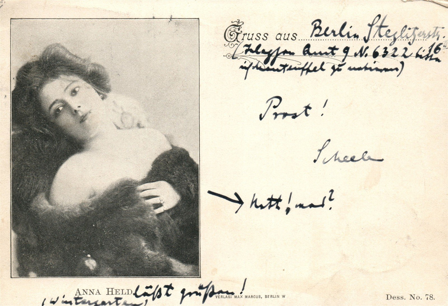 GERMANY GRUSS AUS BERLIN - ANNA HELD ANTIQUE POSTCARD