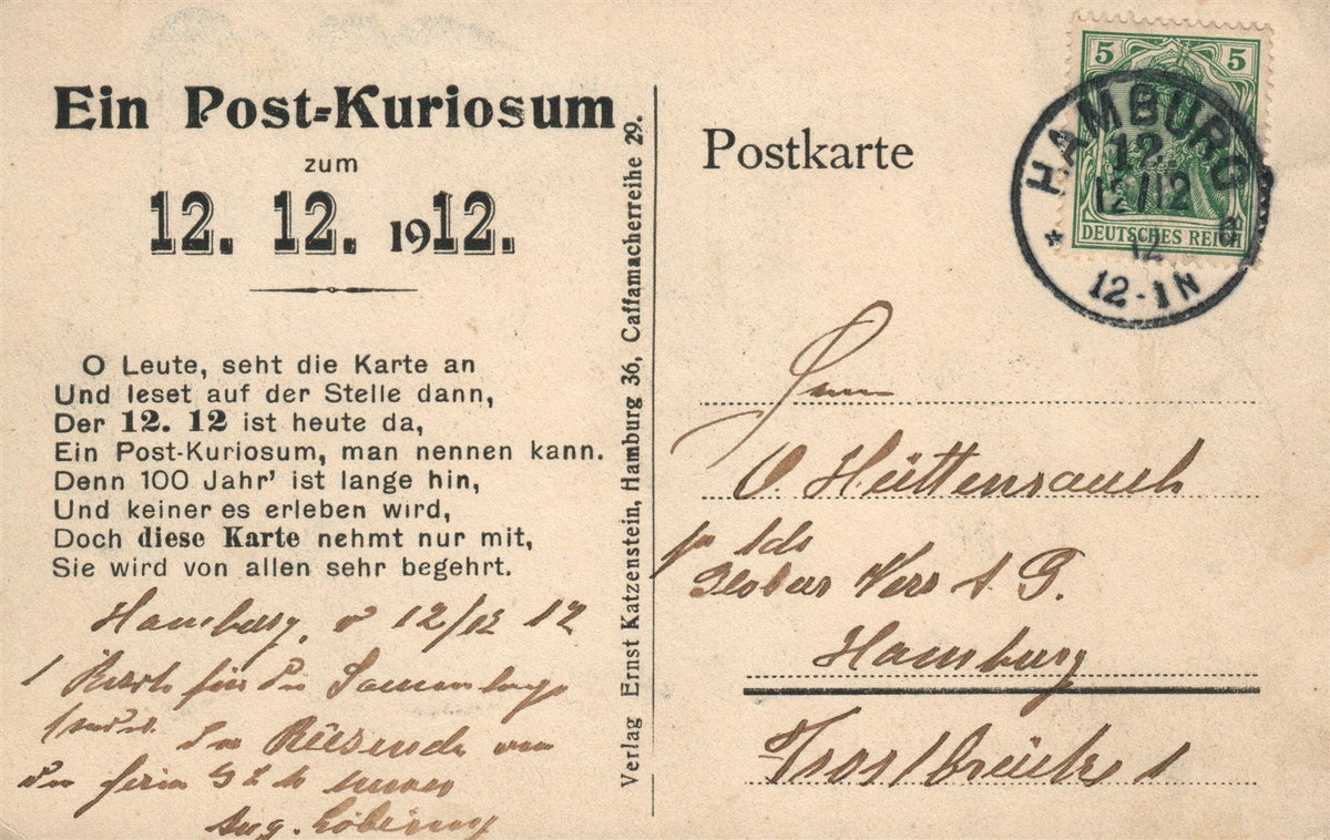 GERMANY HAMBURG 1912 EIN POST-KURIOSUM ANTIQUE POSTCARD philatelic collectable