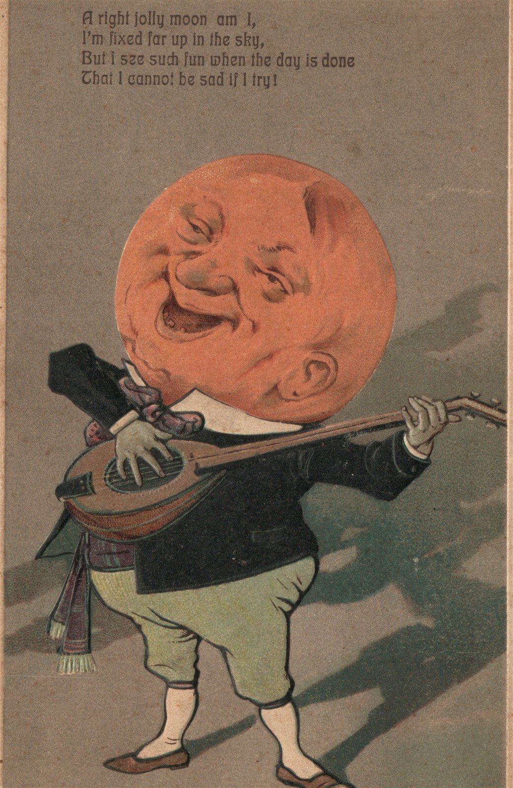 RIGHT JOLLY MOON playing a mandolin ANTIQUE POSTCARD