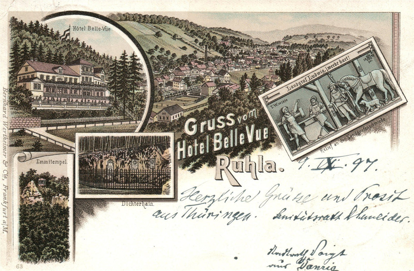 GERMANY GRUSS vom HOTEL BELLE VUE RUHLA ANTIQUE POSTCARD