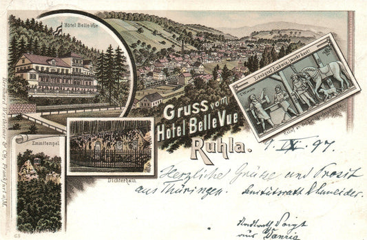 GERMANY GRUSS vom HOTEL BELLE VUE RUHLA ANTIQUE POSTCARD