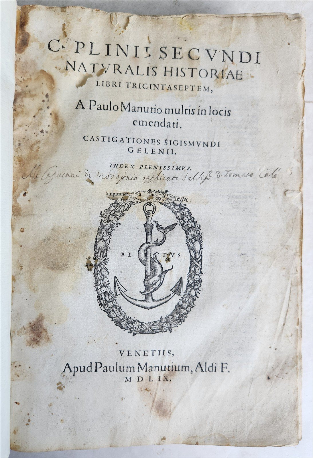 1558 ALDINE PRESS NATURAL HISTORY by Pliny the Younger VELLUM FOLIO antique