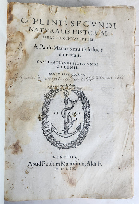 1558 ALDINE PRESS NATURAL HISTORY by Pliny the Younger VELLUM FOLIO antique
