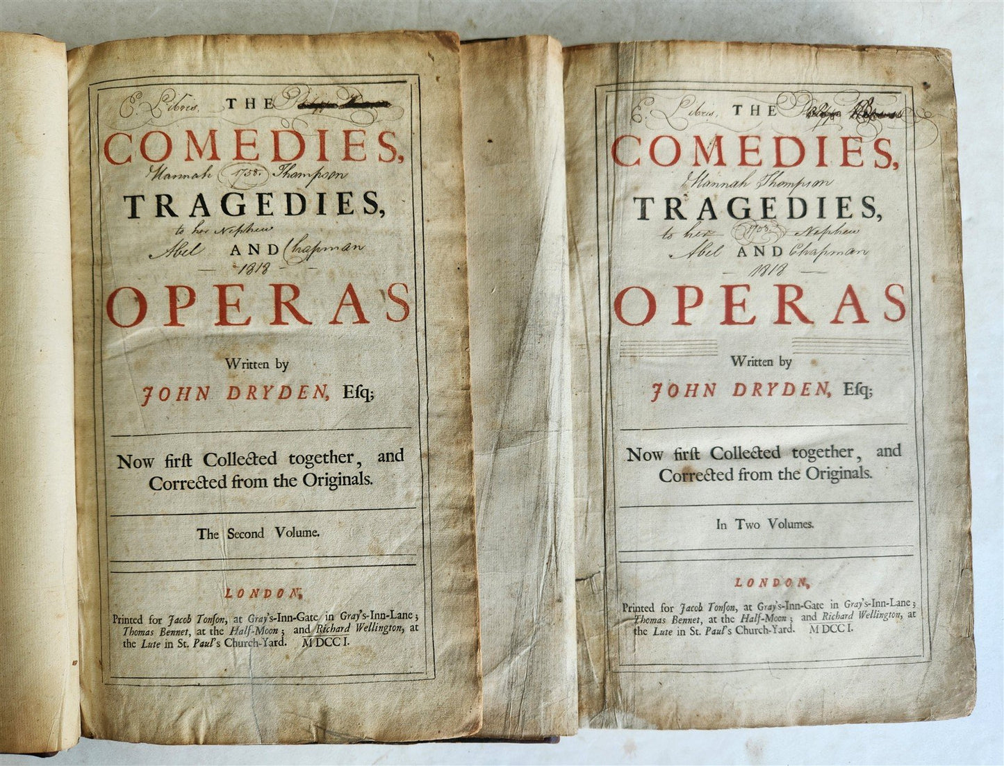 1701 JOHN DRYDEN Comedies Tragedies & Operas 2 FOLIO VOLUMES antique in ENGLISH
