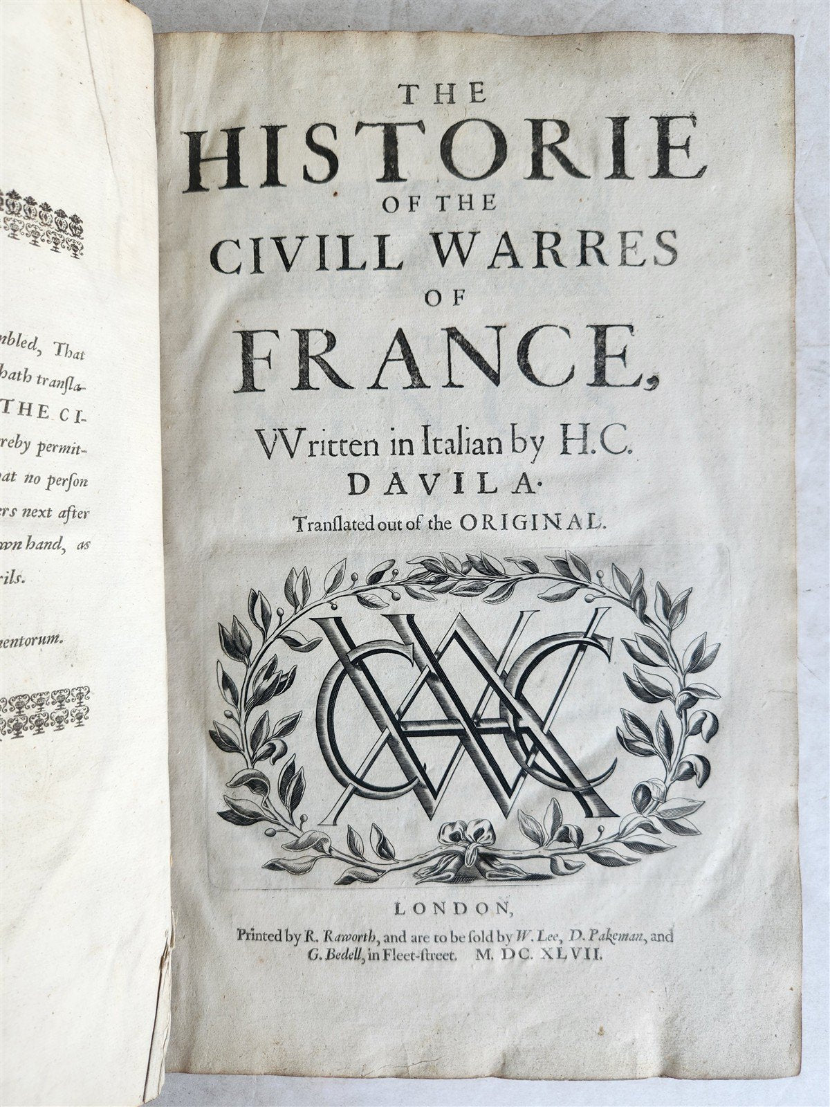 1647 HISTORY of CIVIL WARS in FRANCE by Henrico Davila FOLIO antique in ENGLISH