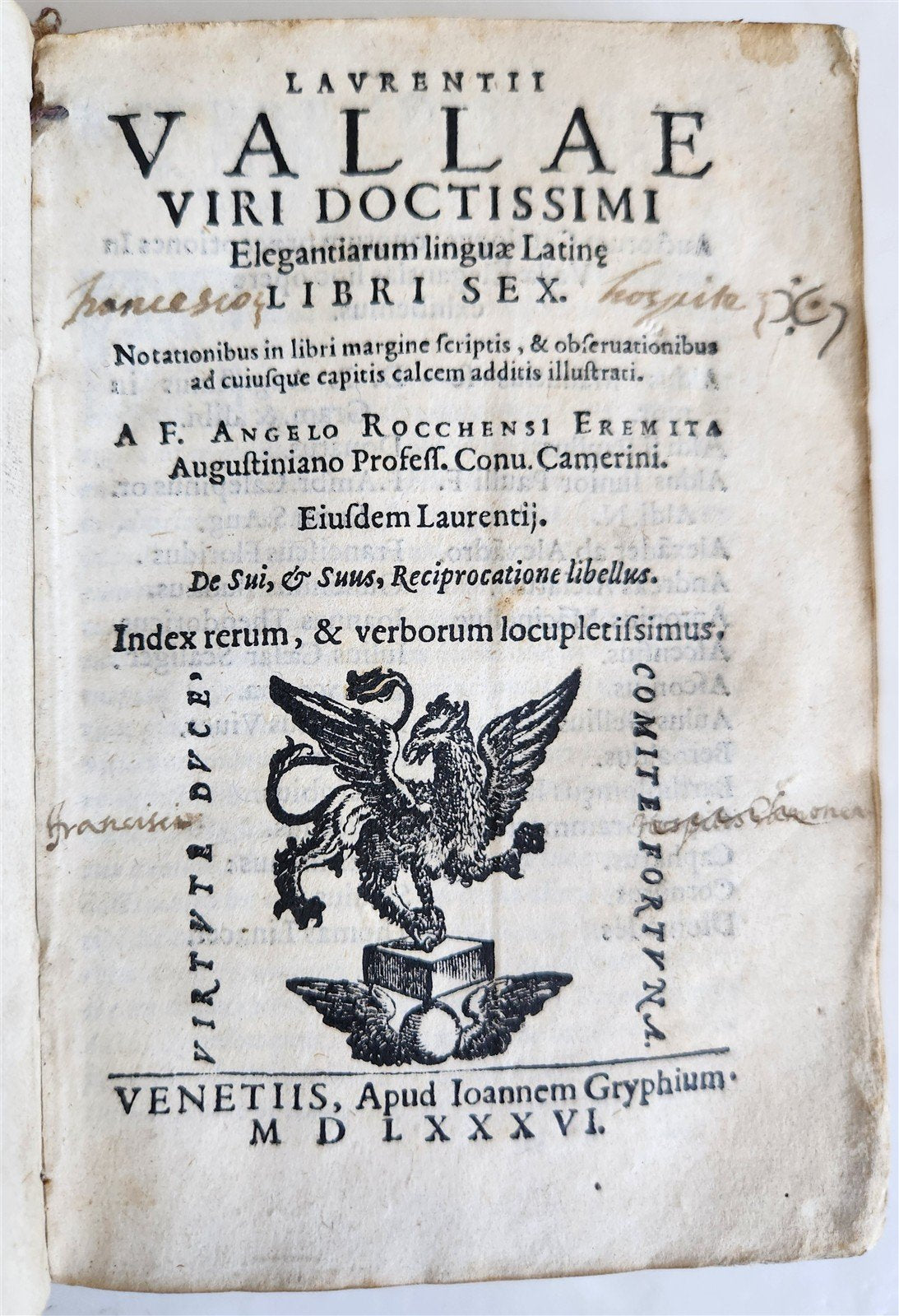 1586 Lorenzo Valla Elegantiarum linguae Latine ANTIQUE Johann Gryphius Press