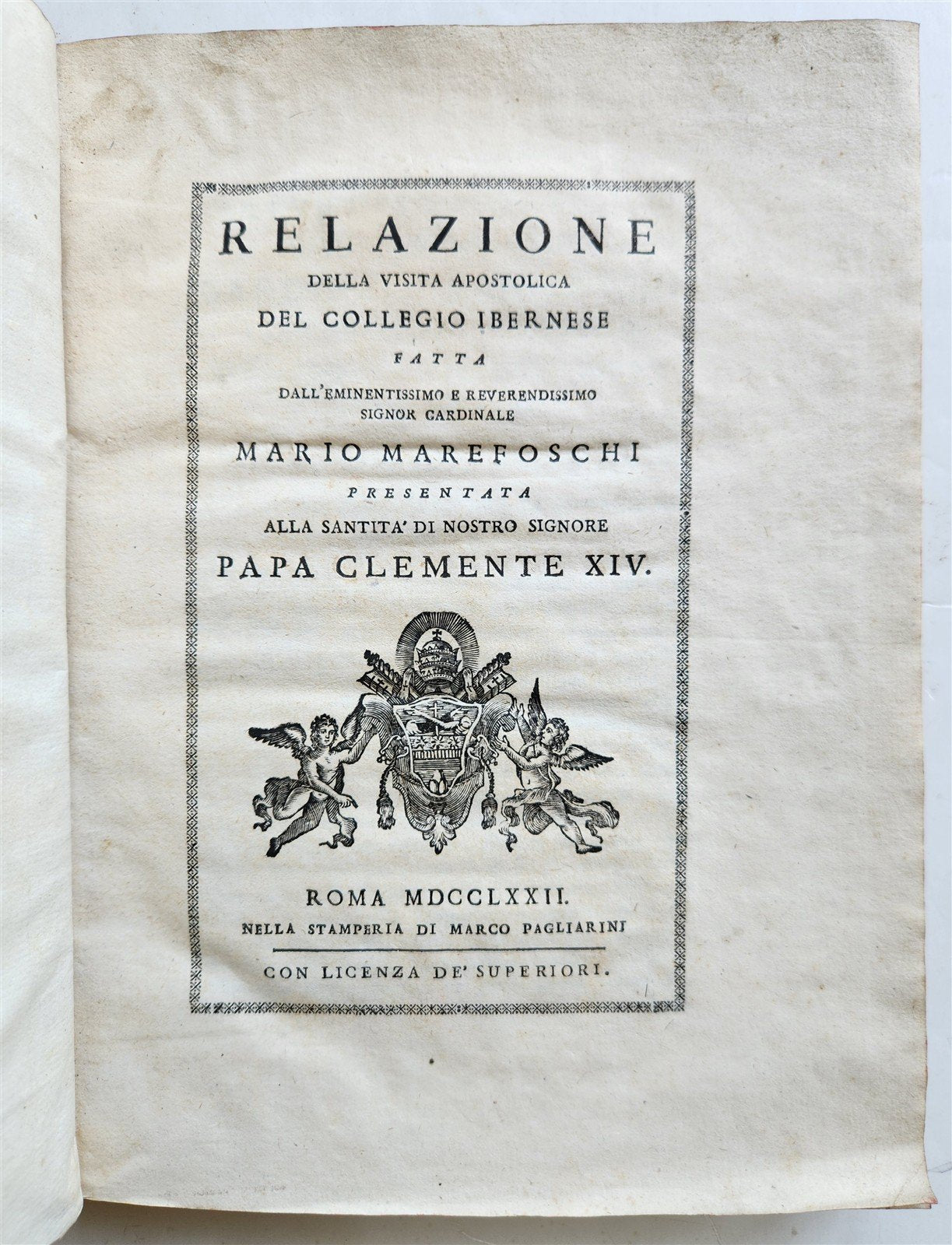 1772 REPORT of APOSTOLIC VISITATION to IRISH COLLEGE in ROME antique VELLUM
