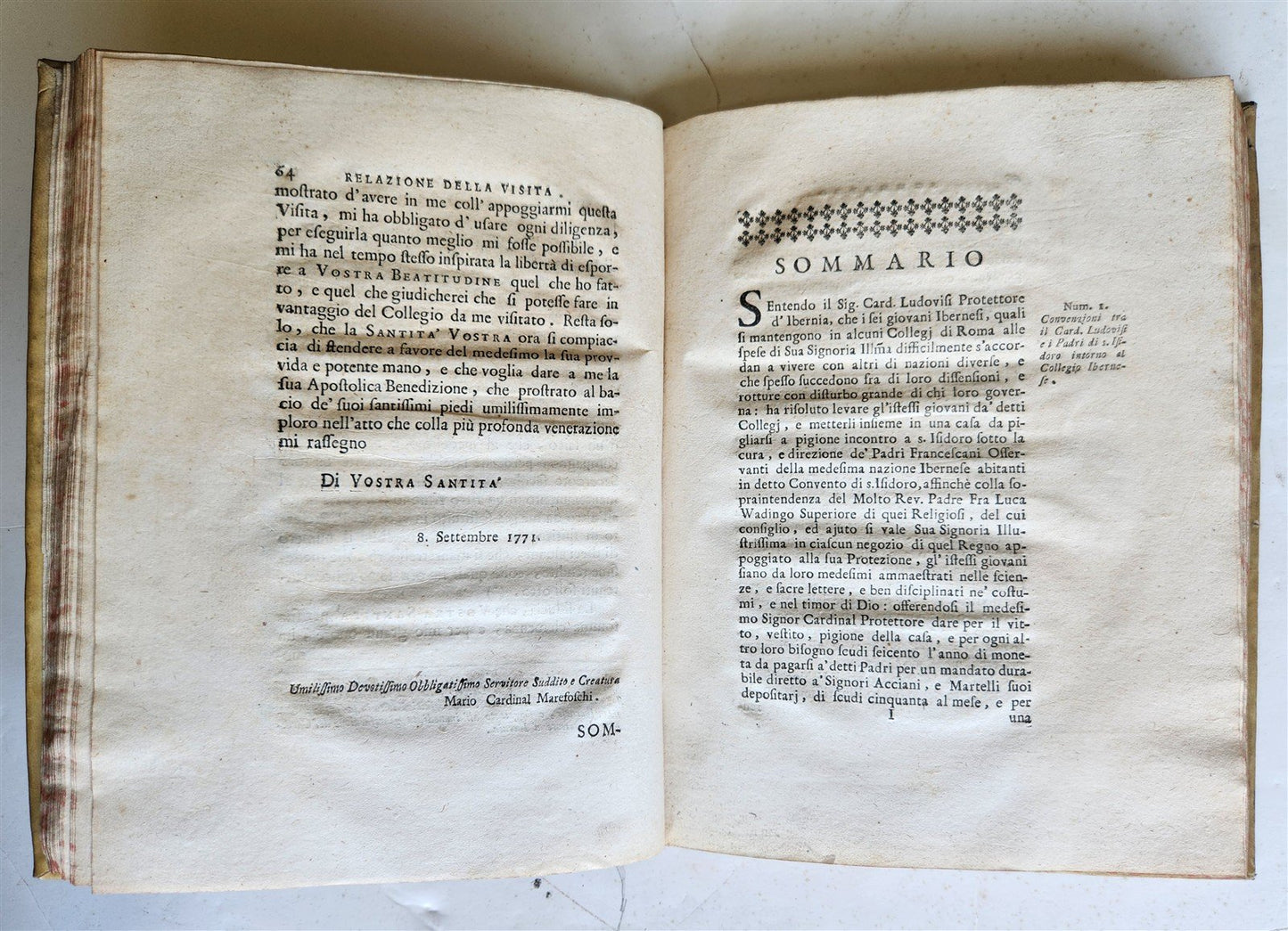 1772 REPORT of APOSTOLIC VISITATION to IRISH COLLEGE in ROME antique VELLUM