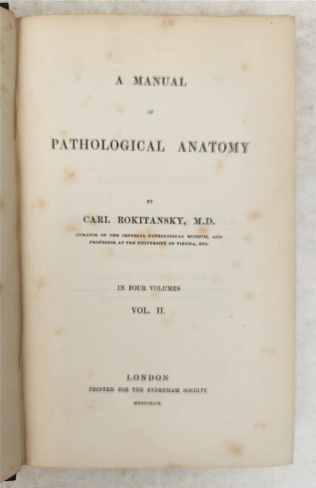1854 MANUAL of PATHOLOGICAL ANATOMY by ROKITANSKY antique 4 VOLS in ENGLISH