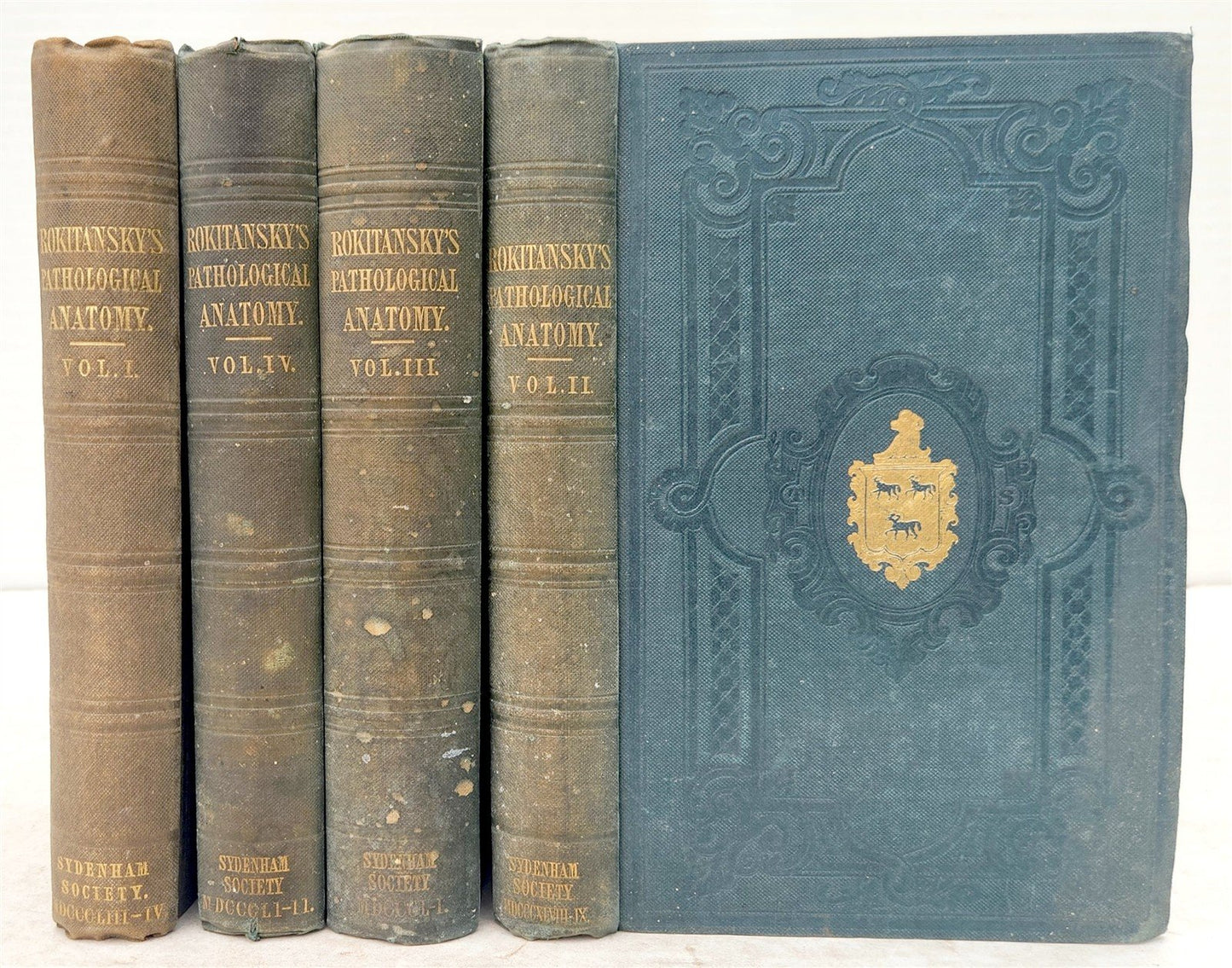 1854 MANUAL of PATHOLOGICAL ANATOMY by ROKITANSKY antique 4 VOLS in ENGLISH