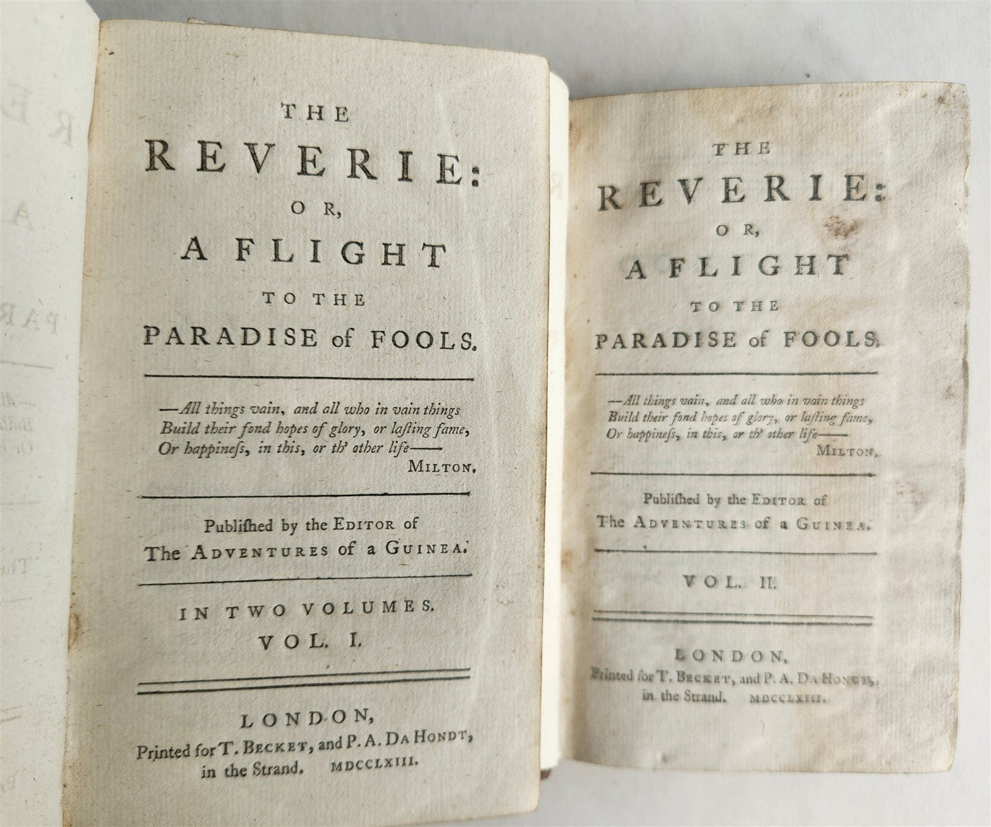 1763 THE REVERIE of FLIGHT to PARADISE of FOOLS antique 2 VOLUMES
