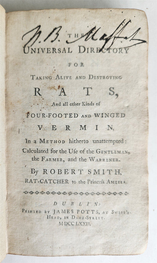 1772 UNIVERSAL DIRECTORY for TAKING ALIVE & DESTROYING RATS antique ILLUSTRATED