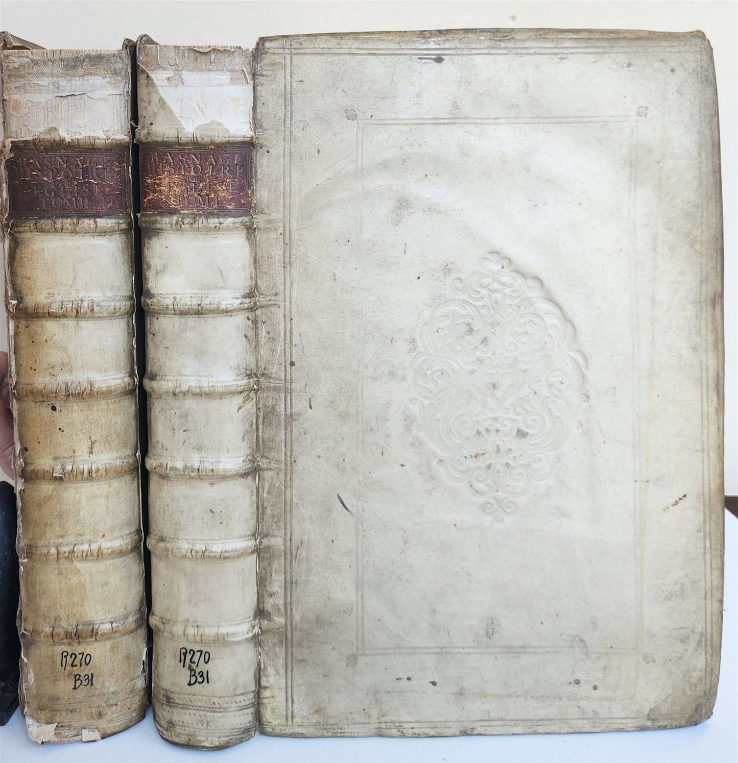 1699 HISTORY of CHURCH 2 VELLUM MASSIVE FOLIOS antique Historie De L'Eglise