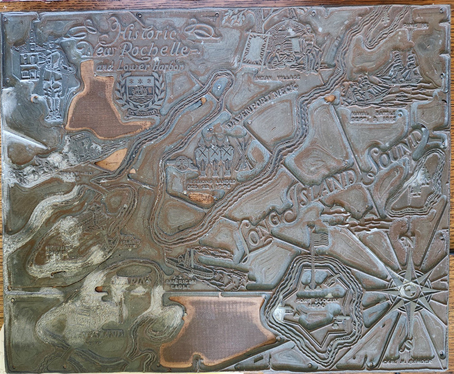 1920s PRINTING BLOCK Historic New Rochelle & Lower Harbor MAP antique AMERICANA