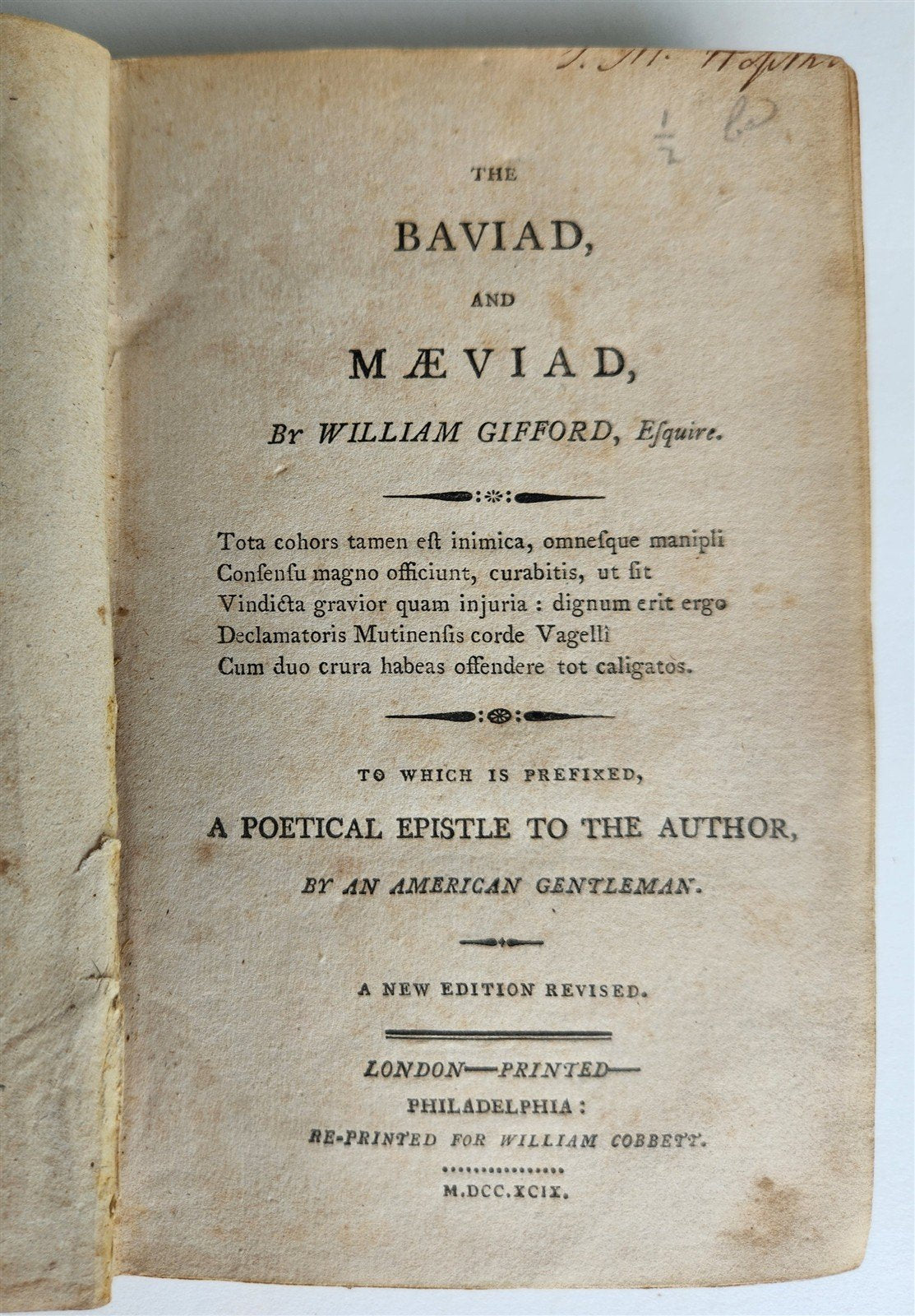 1799 THE BAVIAD and MAEVIAD William Gifford satirical poems ANTIQUE Philadelphia
