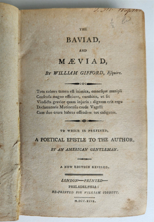 1799 THE BAVIAD and MAEVIAD William Gifford satirical poems ANTIQUE Philadelphia