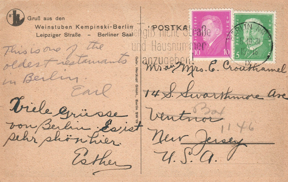GERMANY BERLIN WEINSTUBEN KEMPINSKI LEIPZIGER STRASSE ANTIQUE POSTCARD
