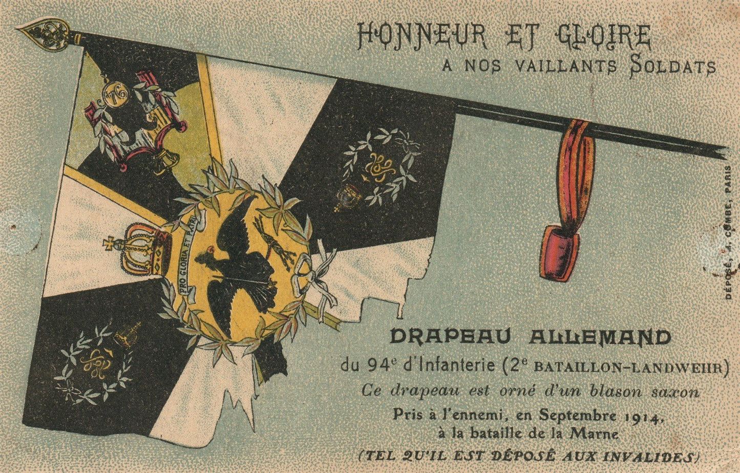 FRENCH ANTIQUE POSTCARD w/ GERMAN FLAG CAPTURED during WWI w/ RED CROSS CANCEL