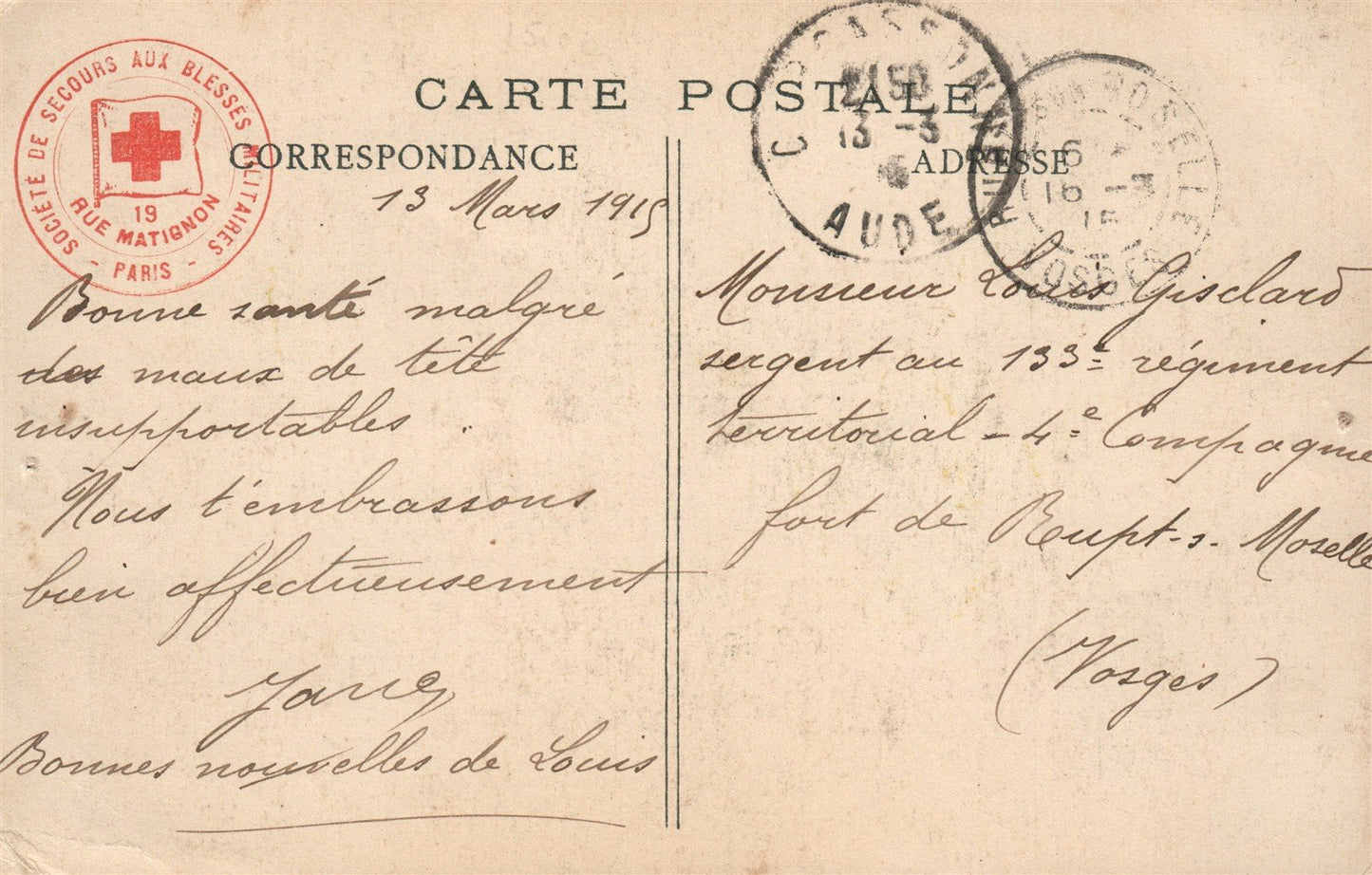 FRENCH ANTIQUE POSTCARD w/ GERMAN FLAG CAPTURED during WWI w/ RED CROSS CANCEL