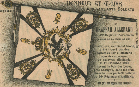 FRENCH 1915 ANTIQUE POSTCARD w/GERMAN FLAG CAPTURED during WWI RED CROSS CANCEL