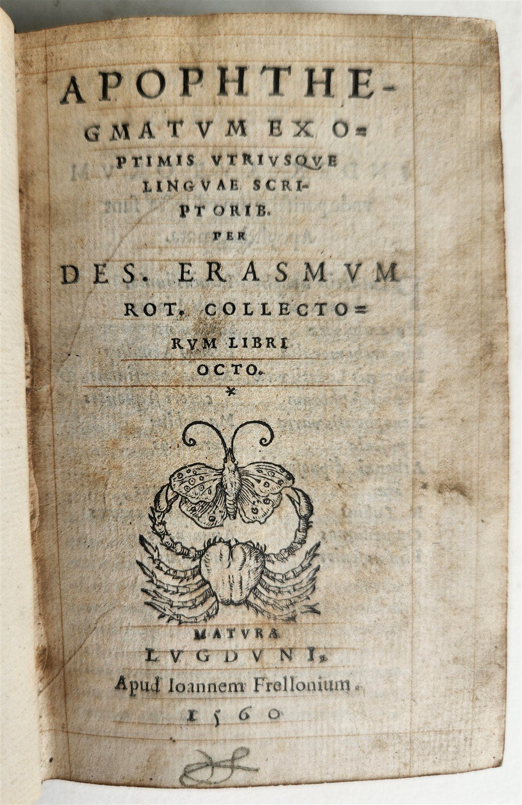 1560 APOPHTHEGMATA by ERASMUS antique 16th century