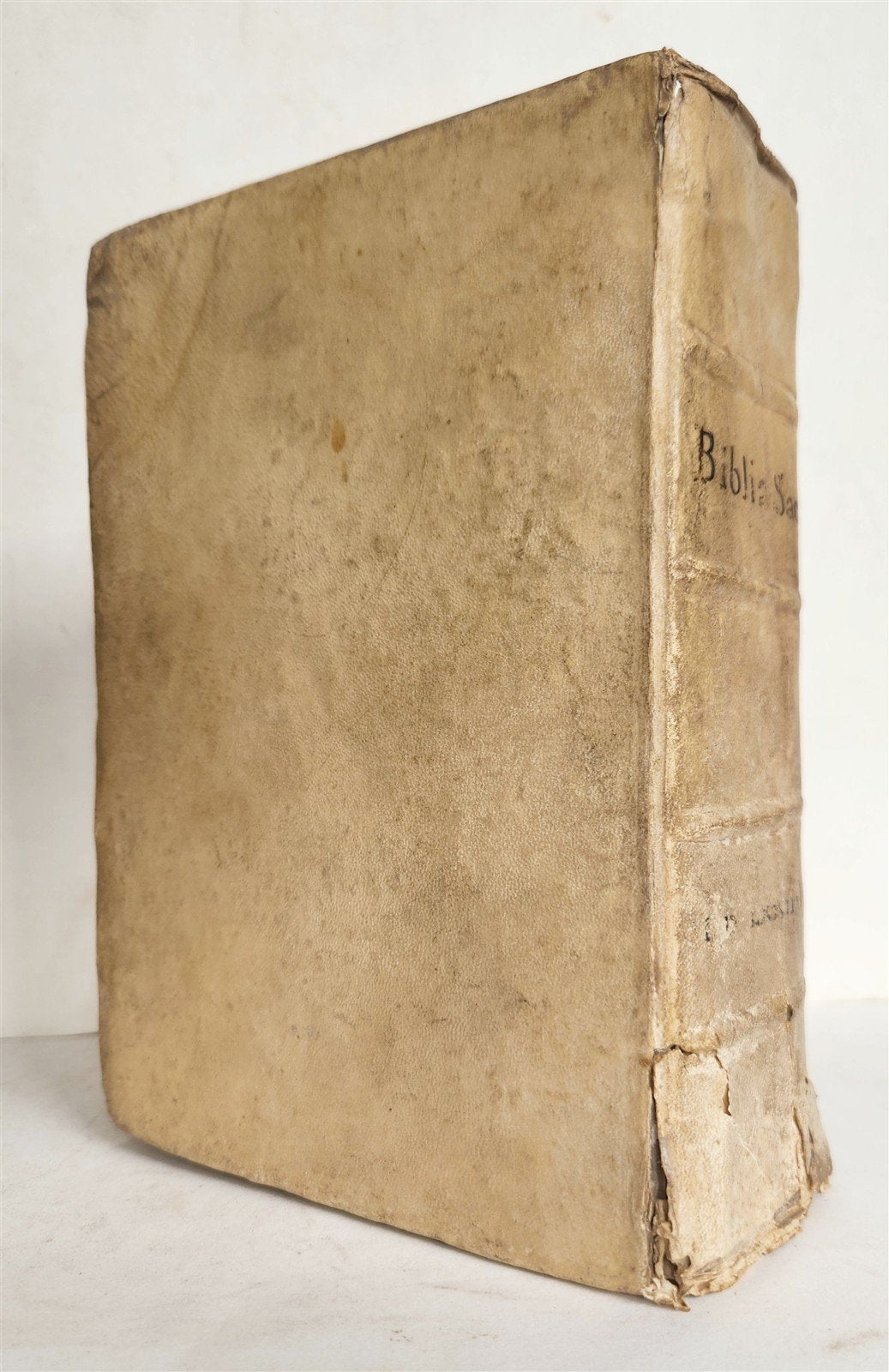 1574 BIBLE in LATIN FULLY ILLUSTRATED w/ NUMEROUS WOODCUTS antique VELLUM BOUND