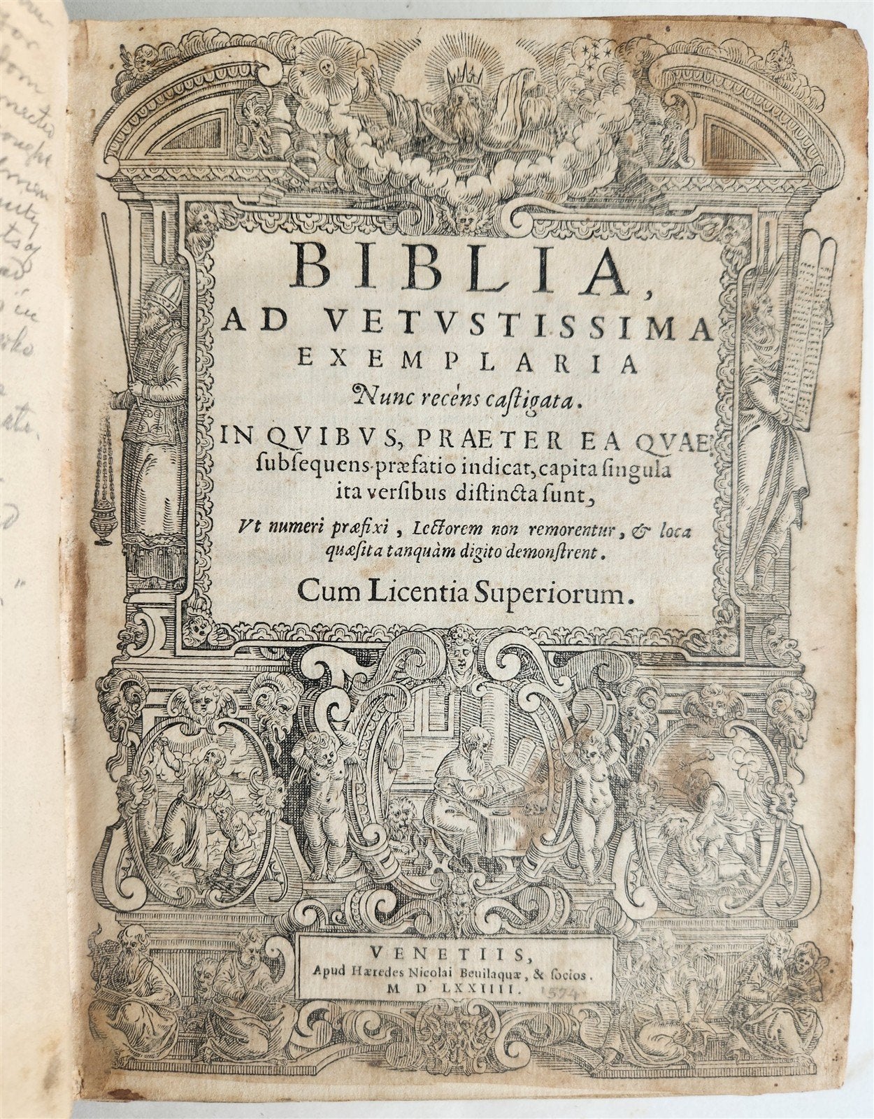 1574 BIBLE in LATIN FULLY ILLUSTRATED w/ NUMEROUS WOODCUTS antique VELLUM BOUND