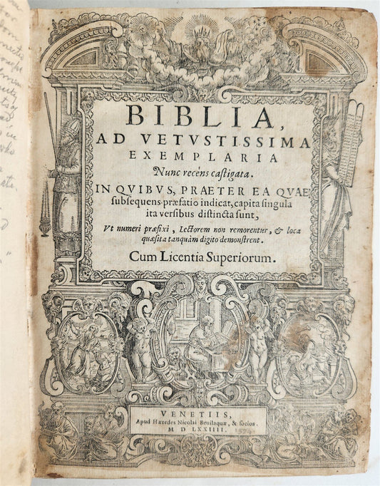 1574 BIBLE in LATIN FULLY ILLUSTRATED w/ NUMEROUS WOODCUTS antique VELLUM BOUND