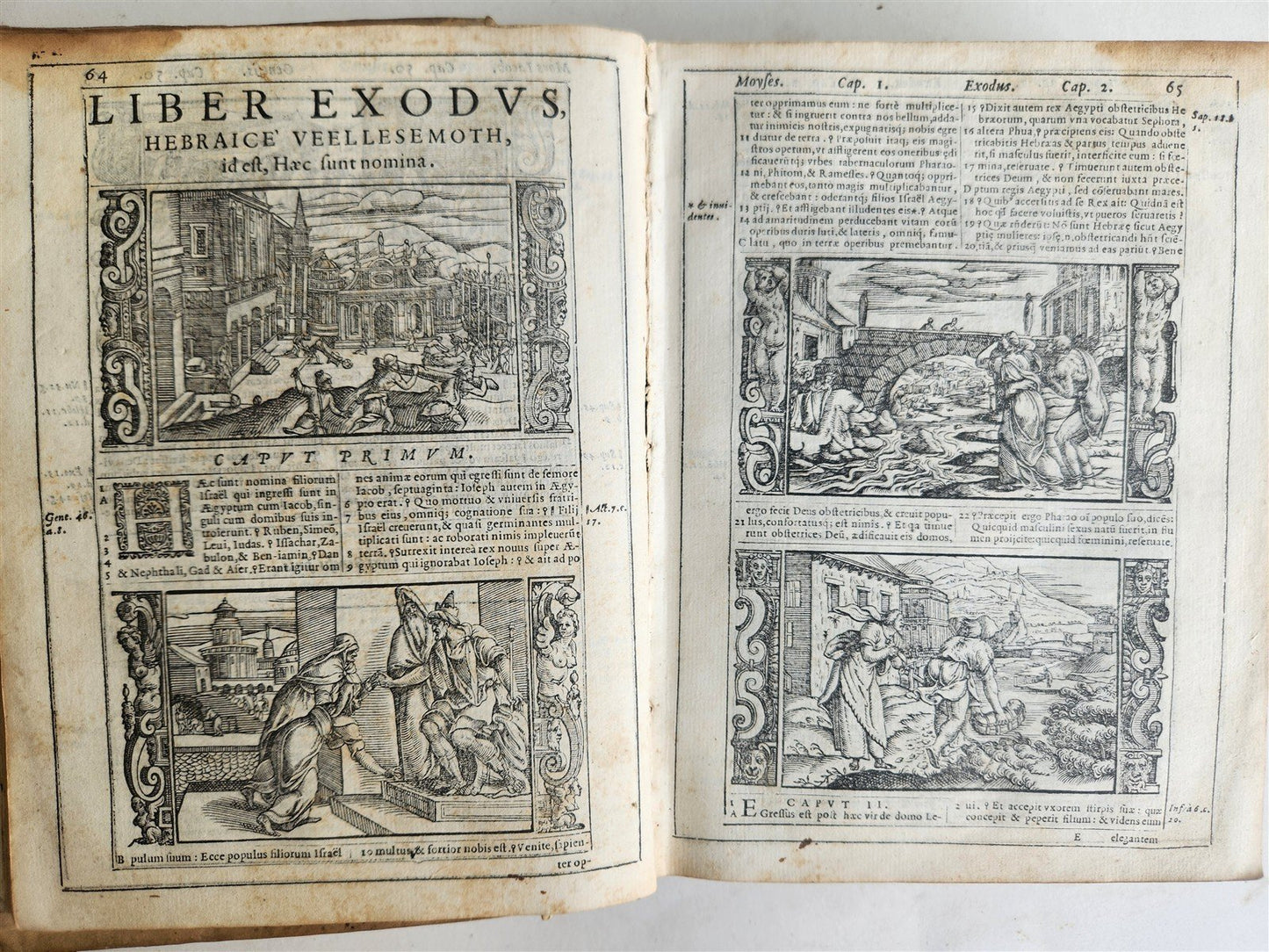 1574 BIBLE in LATIN FULLY ILLUSTRATED w/ NUMEROUS WOODCUTS antique VELLUM BOUND