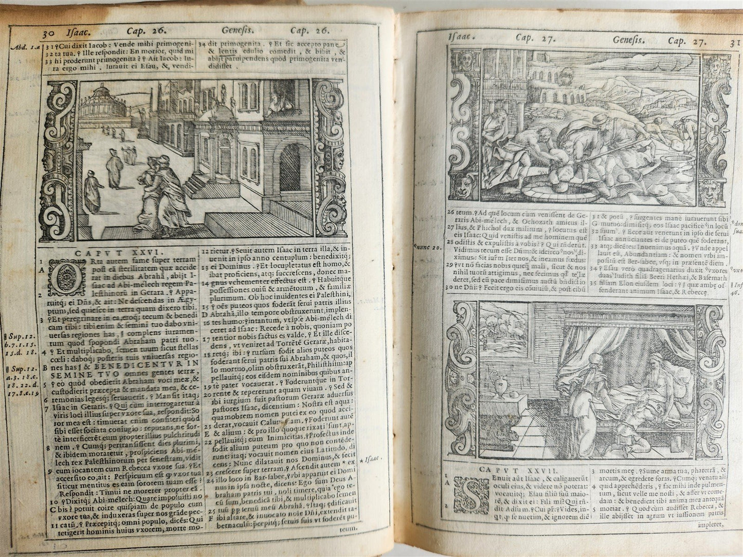 1574 BIBLE in LATIN FULLY ILLUSTRATED w/ NUMEROUS WOODCUTS antique VELLUM BOUND