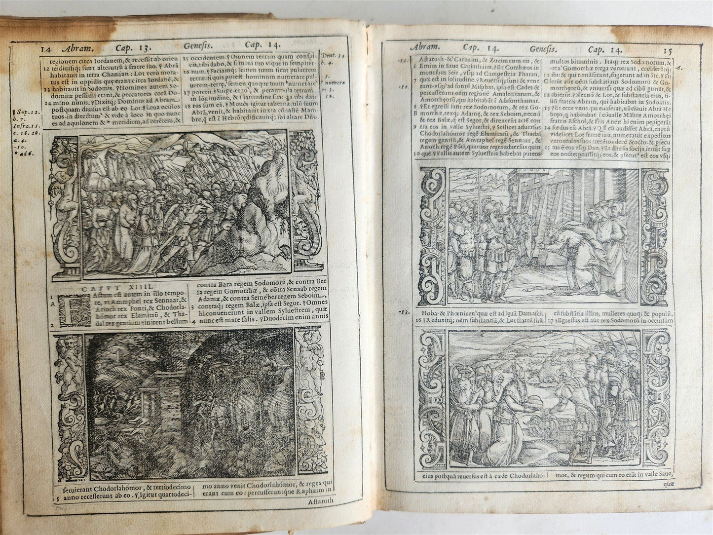 1574 BIBLE in LATIN FULLY ILLUSTRATED w/ NUMEROUS WOODCUTS antique VELLUM BOUND