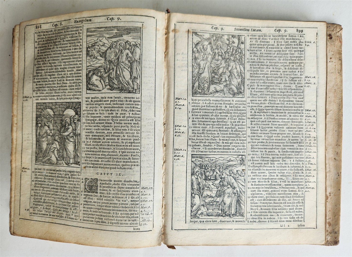 1574 BIBLE in LATIN FULLY ILLUSTRATED w/ NUMEROUS WOODCUTS antique VELLUM BOUND