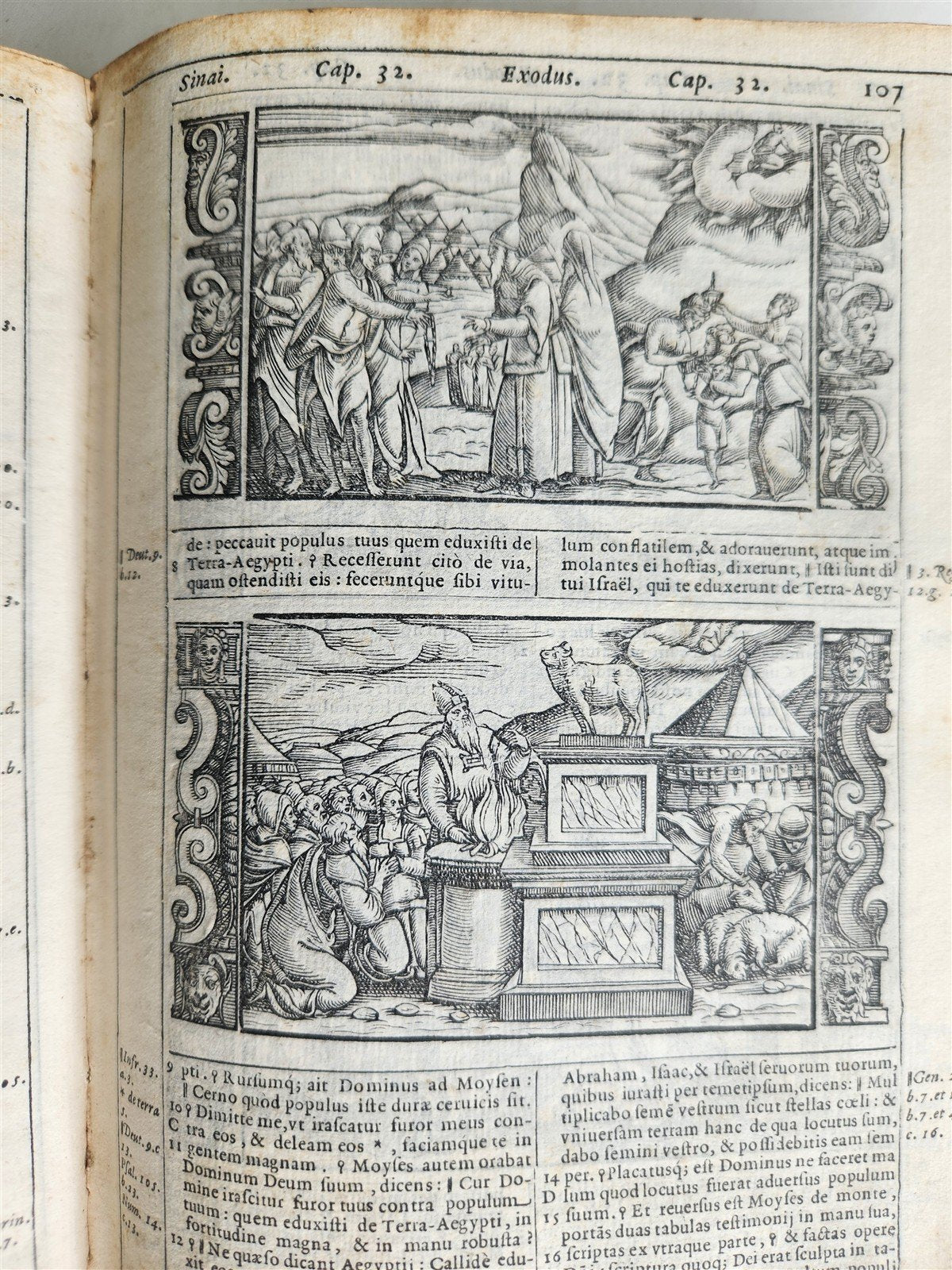 1574 BIBLE in LATIN FULLY ILLUSTRATED w/ NUMEROUS WOODCUTS antique VELLUM BOUND
