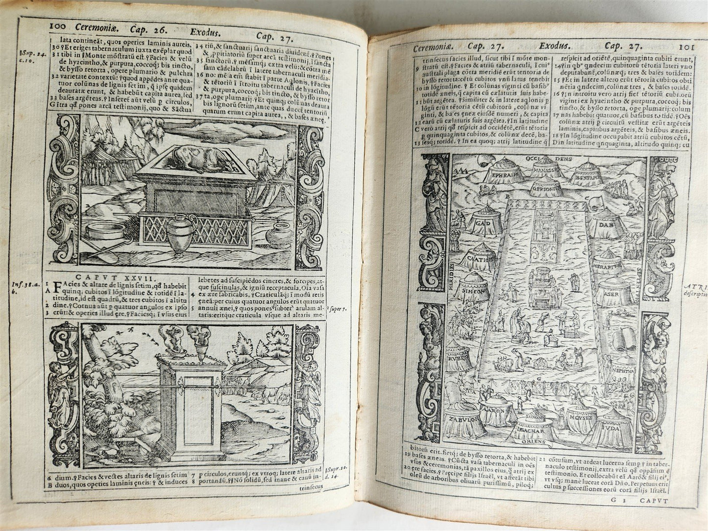 1574 BIBLE in LATIN FULLY ILLUSTRATED w/ NUMEROUS WOODCUTS antique VELLUM BOUND