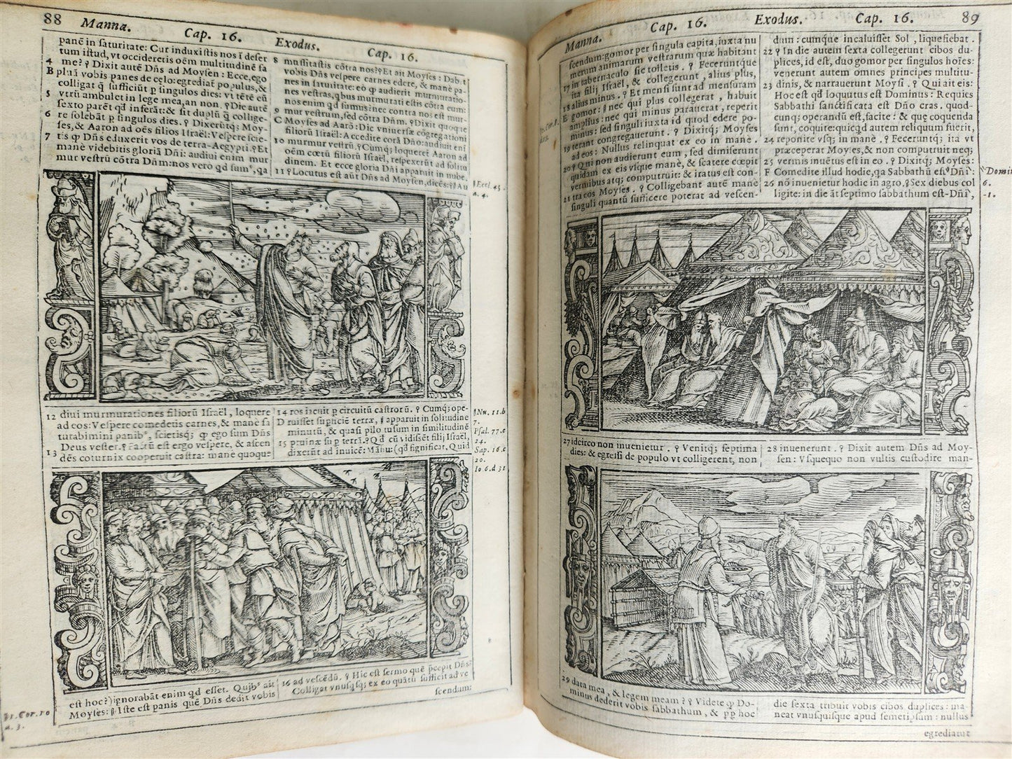 1574 BIBLE in LATIN FULLY ILLUSTRATED w/ NUMEROUS WOODCUTS antique VELLUM BOUND