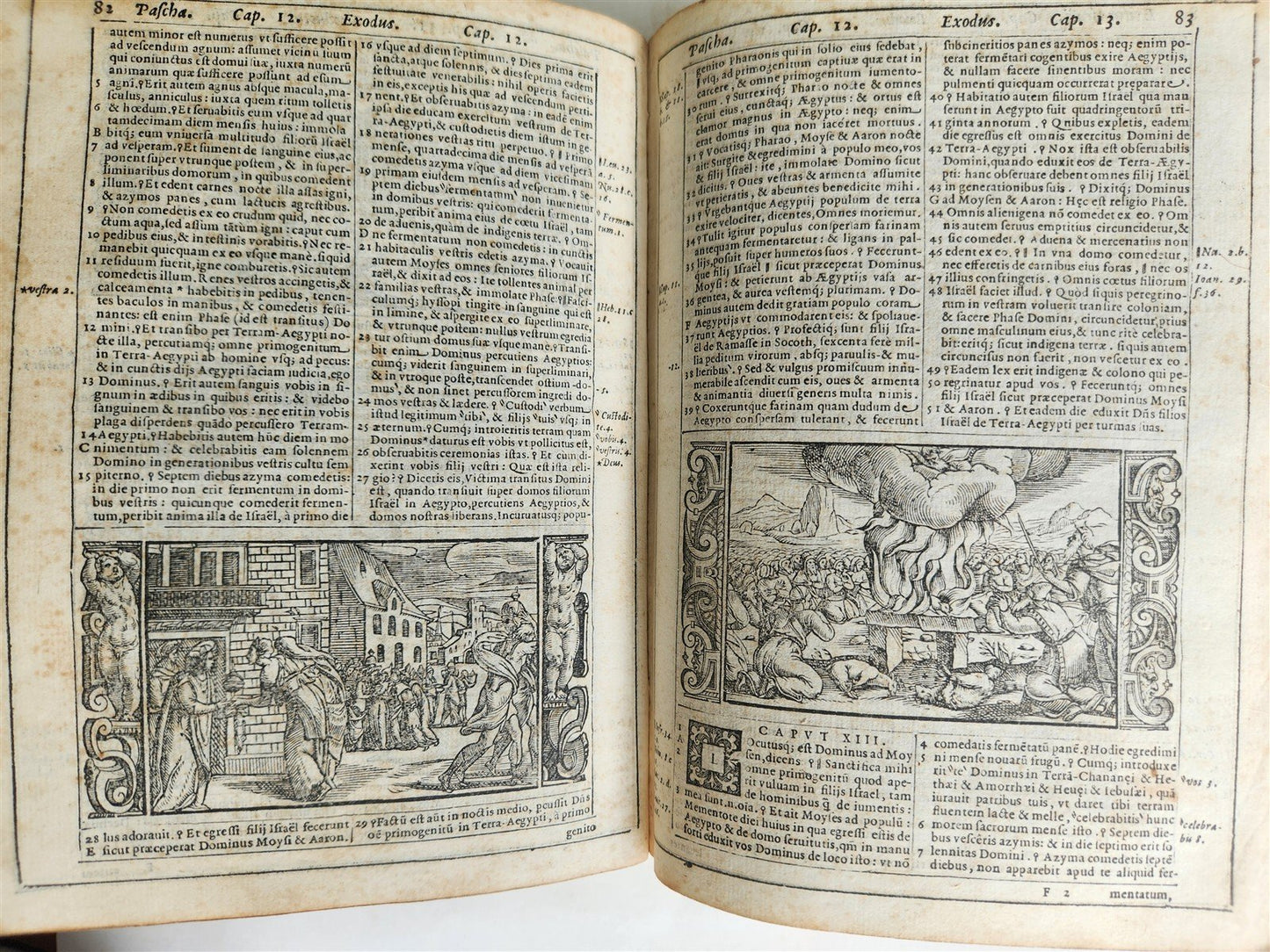 1574 BIBLE in LATIN FULLY ILLUSTRATED w/ NUMEROUS WOODCUTS antique VELLUM BOUND