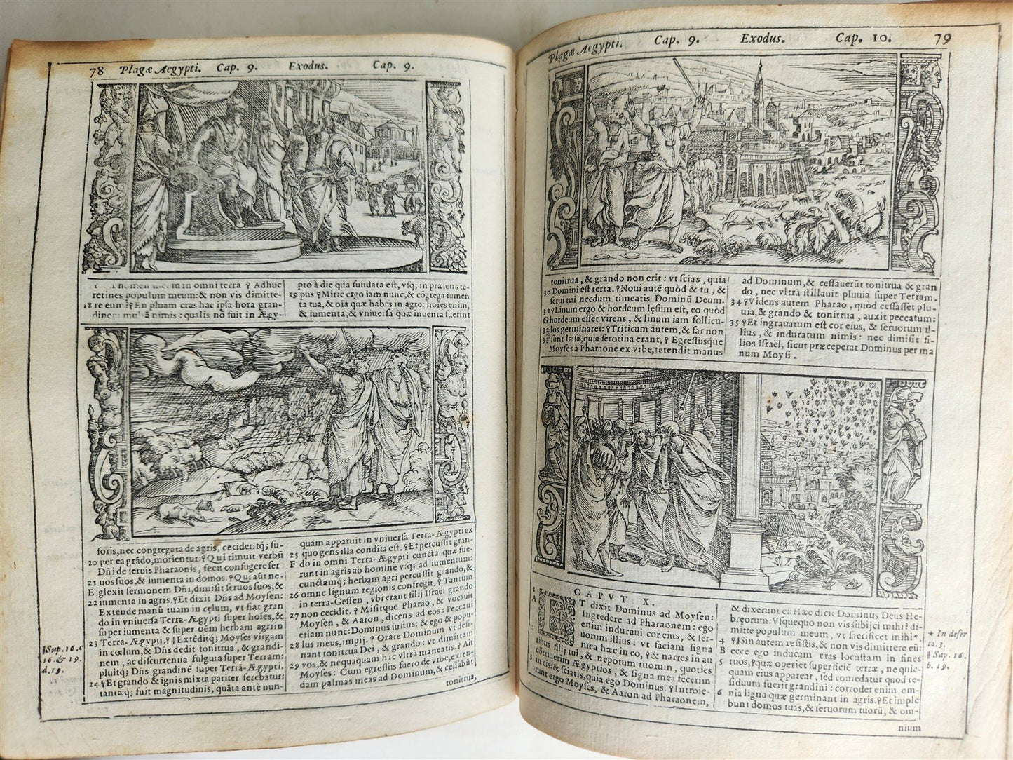 1574 BIBLE in LATIN FULLY ILLUSTRATED w/ NUMEROUS WOODCUTS antique VELLUM BOUND