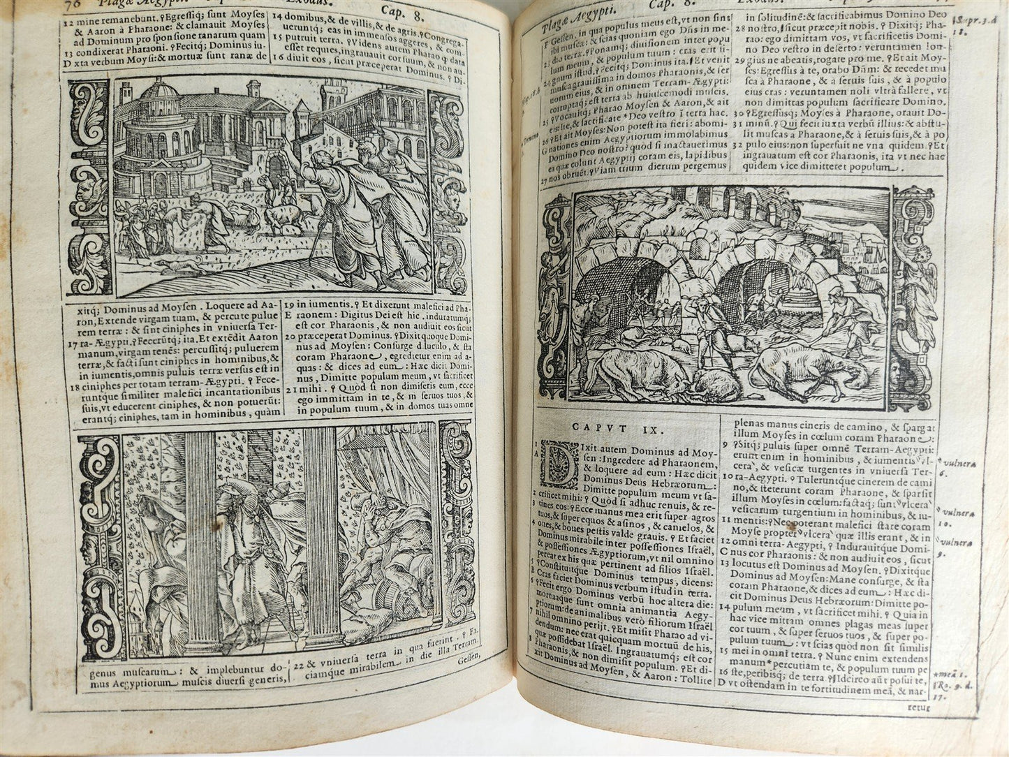 1574 BIBLE in LATIN FULLY ILLUSTRATED w/ NUMEROUS WOODCUTS antique VELLUM BOUND