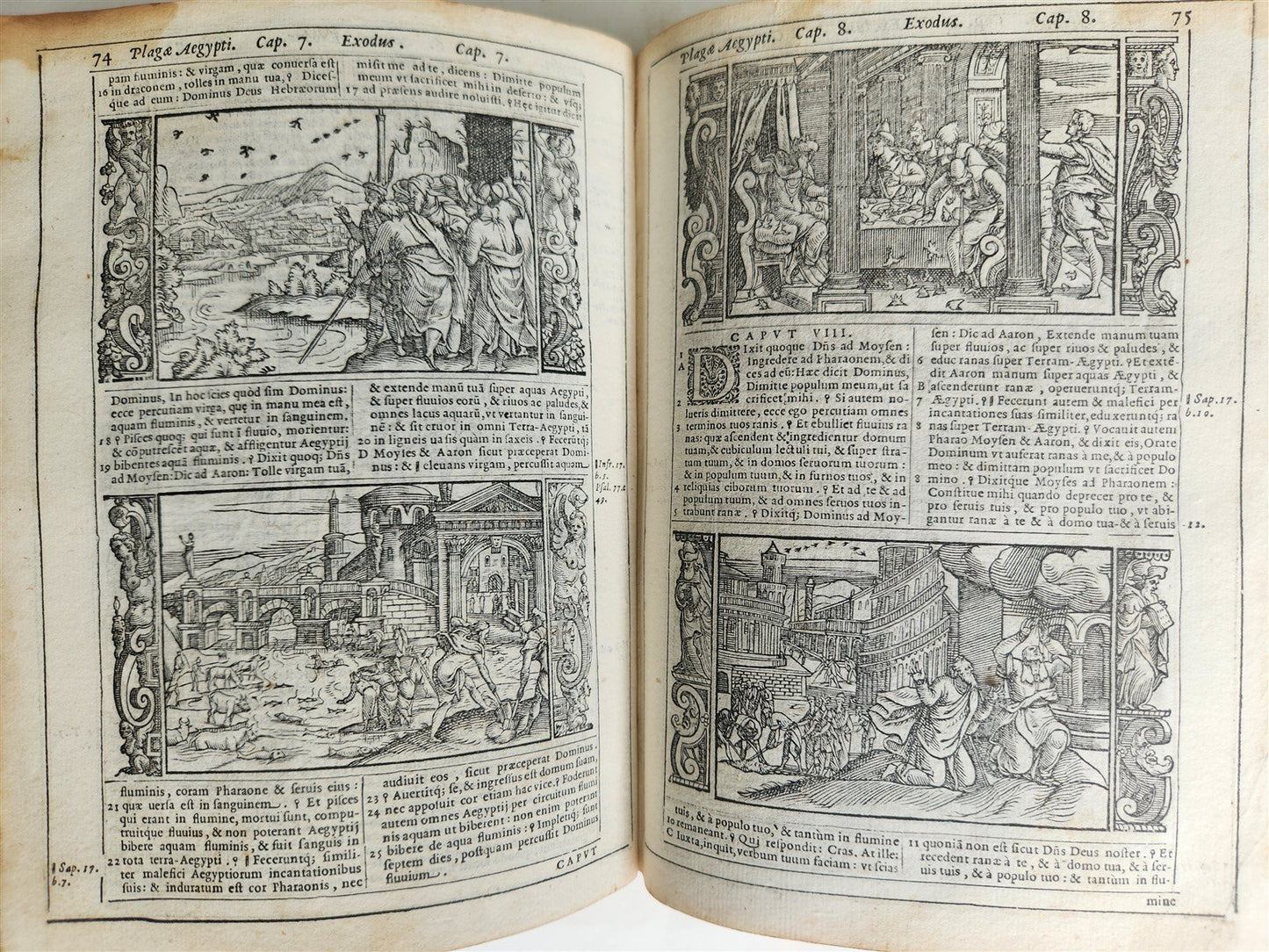 1574 BIBLE in LATIN FULLY ILLUSTRATED w/ NUMEROUS WOODCUTS antique VELLUM BOUND
